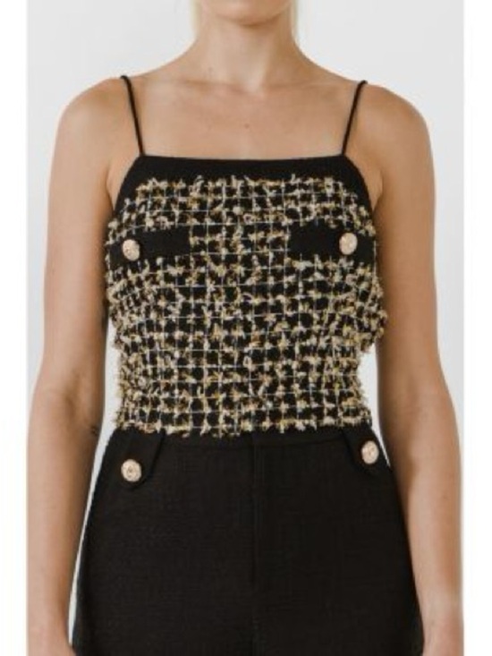 Endless Rose Tops - Endless Rose Tweed Crop Cami with Gold Button Detail - Black & Gold